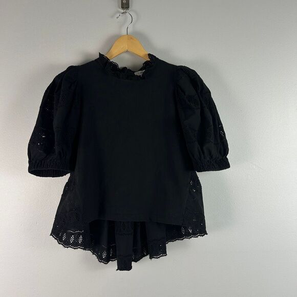 Anthropologie Othilia Black Eyelet Cotton Boho Blouse - Picture 2 of 10